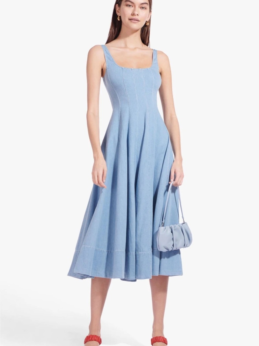 STAUD Light Denim Wells Scoop-Neck Midi Dress Sz 4